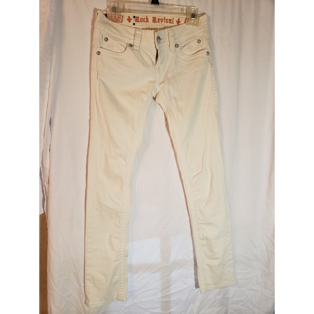 Women's Rock Revival Cream Embroidered Embellished Jeans Size 26